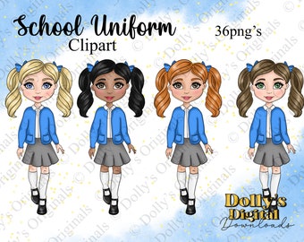 Cute School Girl Light Blue Uniform Pigtails PNG Digital Download Clipart