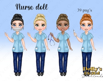 Nurse character Clipart with bun hairstyle, digital download Clipart for sublimation planner stickers