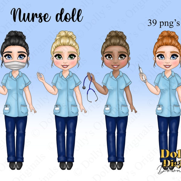 Krankenschwester Charakter Clipart mit Brötchen Frisur, digitaler Download Clipart für Sublimation Planner Sticker