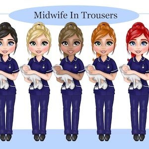 Midwife in Trousers Character Bundle PNG Clipart set for sublimation