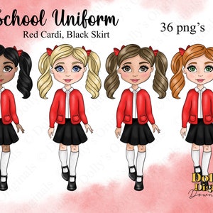 Cute School Girl in Red and Black Uniform PNG Sublimation Clipart Digital Download