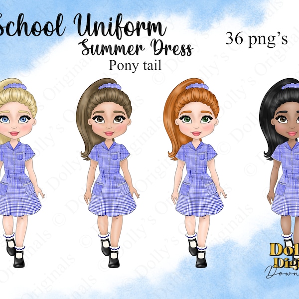 Leuke School Meisje in Royal Blue Zomerjurk en Paardenstaart PNG Sublimatie Digitale Download