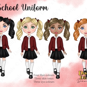 Cute School Girl in Burgundy and Black Uniform PNG Digital Download Sublimation Clipart