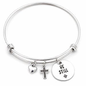 Christian Cross Bangle Bracelet, Be Still And Know, Bible Verse Jewelry, Psalm 46, Faith Gifts, Religious Bracelets, Baptism Gift, Trust God