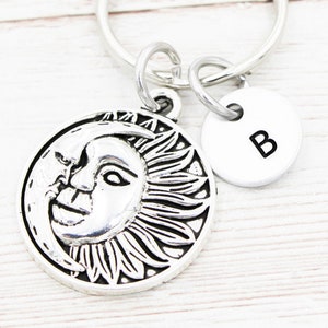 Custom Sun and Moon Keychain, Initial Sun Moon Keyring, Crescent Moon Key Ring, Sunshine Gifts, Celestial Keychains, Boho Key Chain, For Her