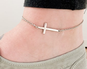 Silver Cross Anklet, Cross Ankle Bracelet, Christian Jewelry, Religious Jewelry, Cross Charm Jewelry, Simple Anklets, Church Gifts