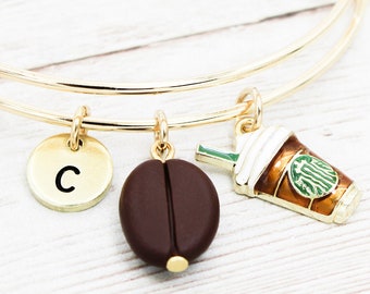 Gold Coffee Bangle Bracelet, Coffee Lover Jewelry, Coffee Bean Bracelet, Coffee Gifts, Coffee Themed Jewelry, Iced Coffee Drinker Gift