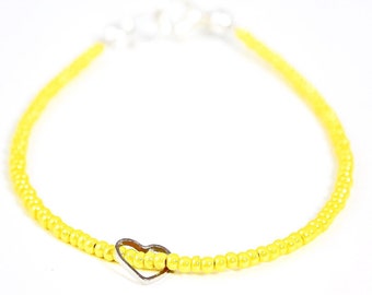 Endometriosis Awareness Bracelet, Endometriosis Warrior, Endo Warrior, Yellow Seed Bead Bracelet, Heart Charm Bracelet, Stacking Bracelets