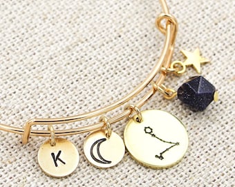 Custom Zodiac Constellation Bangle, Zodiac Jewelry, Astrology Bracelet, Zodiac Sign Bracelet, Celestial Jewelry, Leo Cancer Aries Scorpio