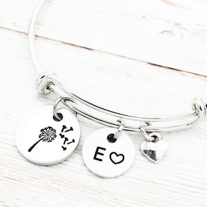 Custom Initial Dandelion Bangle Bracelet, Dandelion Charm Bracelet, Wish Bracelets, Good Luck Gift, Dandelion Jewelry, Flower Bracelet