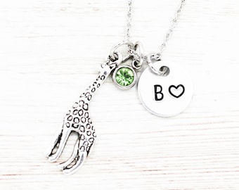 Personalized Giraffe Necklace, Birthstone Initial Necklace, Giraffe Jewelry, Animal Charm Necklace, Monogram Necklace, Giraffe Lover