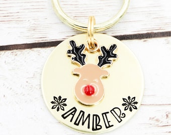 Reindeer Pet Name Tag, Christmas Dog ID Tag, Rudolph Dog Tag, Christmas Dog Collar Charm, Pet ID Tag, Cat Name Tag, Holiday Pet Tags