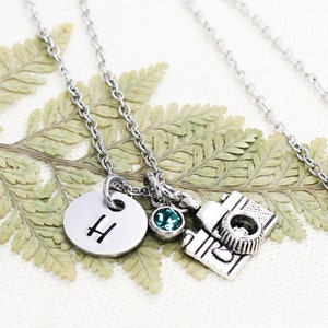 Birthstone Initial Camera Necklace, Photographer Gift, Photography Student Gift, Wedding Photographer Gift, Camera Jewelry, CoWorker Gift