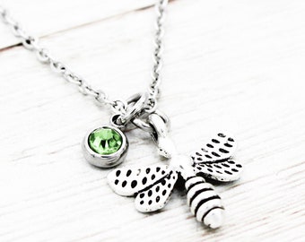 Birthstone Dragonfly Necklace, Dragonfly Charm Necklace, Dragonfly Jewelry, Birthday Gift For Her, Nature Jewelry, Flower Lover Gifts
