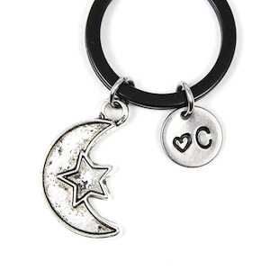 Personalized Moon Keychain, Cresent Moon Keyring, Moon Star Key Chain, Lunar Keychain, Initial Key Ring, Celestial Space Gift, Star Charm