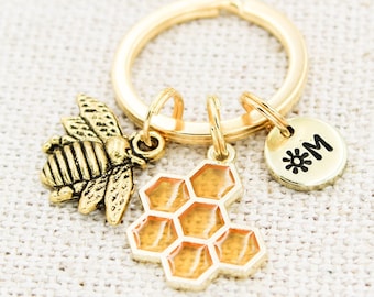 Personalized Honey Bee Keychain, Honey Comb Keyring, Bee Keeper Gifts, Gold Honeybee Key Chain, Honeybee Gift, Spring Gift, Sunshine Keyring