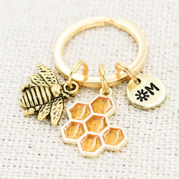 Personalized Honey Bee Keychain, Honey Comb Keyring, Bee Keeper Gifts, Gold Honeybee Key Chain, Honeybee Gift, Spring Gift, Sunshine Keyring