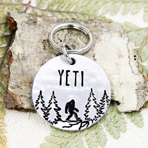 Custom Sasquatch Pet Name Tag, Bigfoot Dog ID Tag, Sasquatch Cat Name Tags, Trees Dog Collar Charm, Nature Dog Name Charms, Big Foot Tag