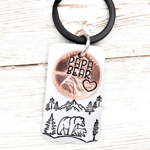 Mountain Scene Dad Keychain, Dad Hunting Gift, Papa Bear Keyring, Fathers Day Gift, New Dad Present, Penny Keychain, For Husband, From Kids