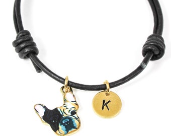 French Bulldog Leather Bracelet, Dog Charm Bracelet, Adjustable Leather Bracelet, Frenchie Jewelry, Bulldog Gifts, Gift For Dog Lover
