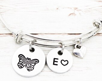 Butterfly Bangle Bracelet With Your Initial, Butterfly Jewelry, Nature Lover Gift, Bridesmaid Favors, Entomologist Gifts, Gardener Presents