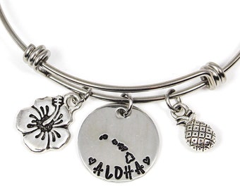 Hawaii Bangle Bracelet, Aloha Bracelet, Hibiscus Charm Bangle, Pineapple Jewelry, Hawaiian Jewelry, Island Gift, Hawaii State, Luau Bracelet
