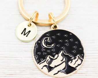 Night Sky Mountain Keychain, Moon and Stars Keyring, Mountain Lover Gift, Hiker Gifts, Crescent Moon Keychains, Stars Key Ring