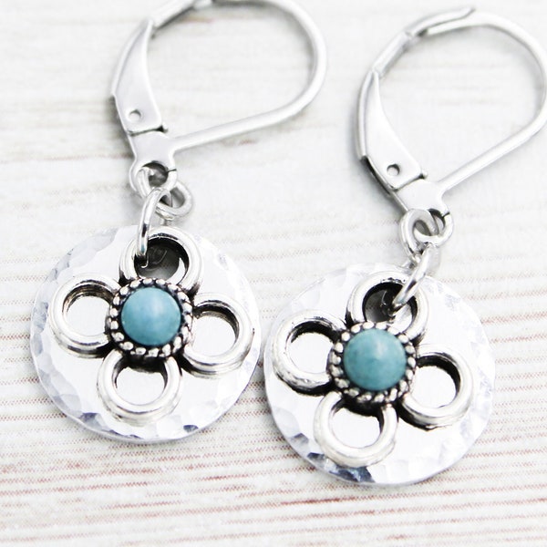 Hammered Turquoise Flower Dangle Earrings, Boho Flower Earrings, Blue Floral Drop Earrings, Bohemian Jewelry, Shabby Chic Earrings