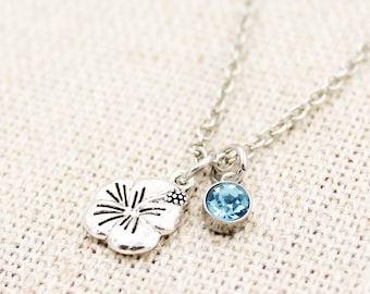 Custom Birthstone Hibiscus Necklace, Tropical Flower Necklace, Hawaiian Necklace, Tropical Island Jewelry, Aloha Necklace, Girls Jewelry