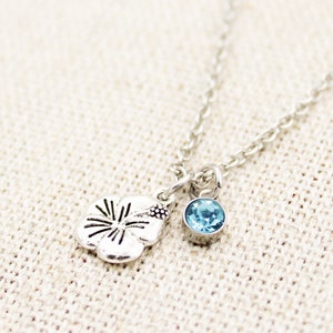 Custom Birthstone Hibiscus Necklace, Tropical Flower Necklace, Hawaiian Necklace, Tropical Island Jewelry, Aloha Necklace, Girls Jewelry