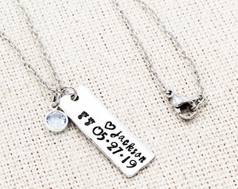 Baby Birthstone Name Necklace, Baby Birth Necklace, New Mom Gift, Push Presents, Baby Footprints, Mothers Day Gifts, Baby Name Jewelry, Mama