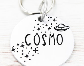 Spaceship Night Sky Pet ID Tag, Galaxy Dog Name Tag, Stars Pet Name Tags, Alien Dog Collar Charm, Cosmo Dog Charms, Star Cat Tag, Dog Gifts