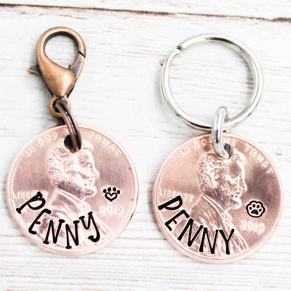 Penny Pet Name Tag, Dog Name Tags, Cat ID Tag, Penny Dog Collar Charm, Copper Cat Name Charm, Pet Identification, Penny Keychain, Dog Gifts