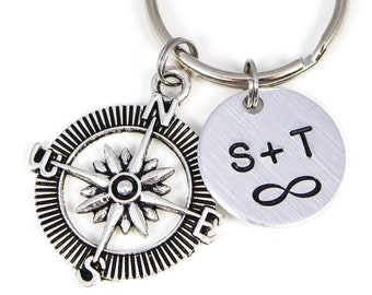 Couples Compass Keychain, Long Distance Keychain, Valentines Gifts, Couples Initials, No Matter Where, Gift For Boyfriend, Infinity Keyring