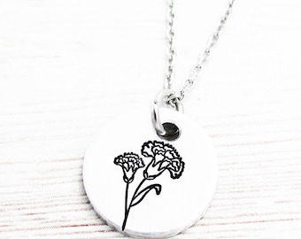 Carnation Flower Necklace, January Birth Flower Jewelry, Carnation Charm Necklace, Floral Jewelry, Gift For Wife, Flower Lover Gifts