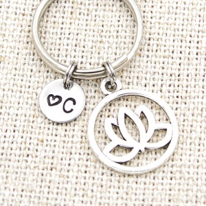 Custom Initial Lotus Keychain, Silver Lotus Flower Charm, Lotus Keyring, Monogram Key Ring, Yoga Gifts, Best Friend Key Chain, BFF Gift