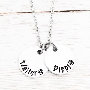 May include: Silver necklace with two round silver charms. The charms have the names "Walter" and "Pippi" engraved on them, each with a small paw print.
