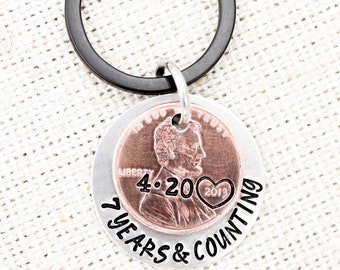 Custom Anniversary Keychain, 7th Anniversary Gift, Keychain For Husband, Copper Anniversary, Wife Gifts, Couples Penny Keychains, 7 Year