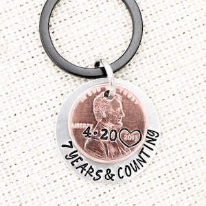 Custom Anniversary Keychain, 7th Anniversary Gift, Keychain For Husband, Copper Anniversary, Wife Gifts, Couples Penny Keychains, 7 Year