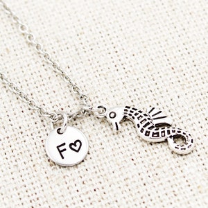 Custom Initial Seahorse Necklace, Sea Life Jewelry, Ocean Necklace, Beach Gifts, Seahorse Charm Jewelry, Beach Wedding Favors, For Her