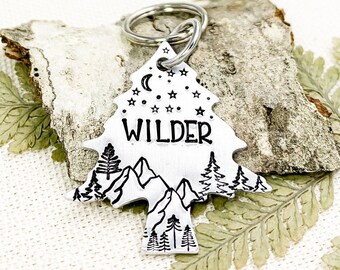 Tree Dog Name Tag, Mountains Pet ID Tags, Rustic Dog ID Tag Charm, Nature Dog Collar Charms, Mountain Scene Pet Tags, Night Sky Dog ID Charm