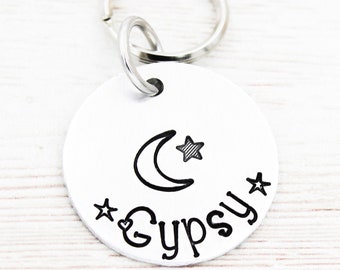 Crescent Moon Pet Tag, Stars Dog ID Tag, Moon Cat Tag, Custom Cat Name Tag, Dog Name Tags, Phone Number Tag, Moon Stars Dog Collar Charm