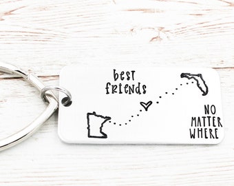 Long Distance Friends Keychain, No Matter Where Keyring, Distance State Keyrings, Best Friend Gift, Moving Away Gift, BFF Charm, Sister Gift