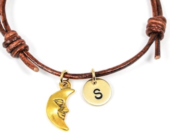Crescent Moon Bracelet, Man In The Moon Jewelry, Initial Charm Bracelet, Friendship Gifts, Luna Jewelry, Moon Phase, Unisex Leather Bracelet