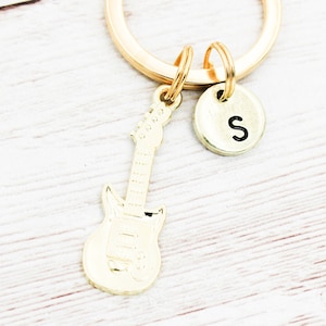 Gold Guitar Keychain, Guitar Initial Keyring, Guitar Player Gift, Instrument Keychains, Music Lover Gift, Guitar Charm, Band Gifts