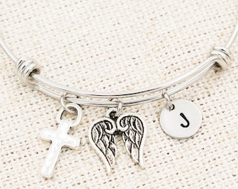 Bracelet jonc ailes d'ange, Bracelets commémoratifs, Bijoux breloques croix, Cadeau de sympathie, Bracelet ange gardien, À la mémoire de, Cadeaux de deuil