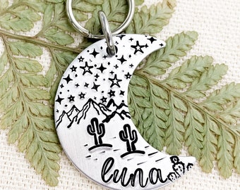 Night Sky Desert Pet Name Tag, Crescent Moon Dog Tag, Desert Nature Scene Pet ID Tag, Mountains Pet Tag Charm, Cactus Cat Tags, Dog Gift