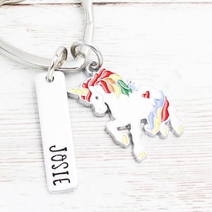 Custom Rainbow Unicorn Keychain, Unicorn Name Keyring, Book Bag Charm, Initial Unicorn Charms, Girls Name Charm, Unicorn Gift, Rainbow Brite