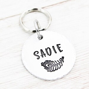 Peacock Feather Pet ID Tag, Feather Dog Name Tag, Custom Cat Tag, Personalized Dog Collar Charm, Gift For Dog, Kitty Charms, Cat Jewelry