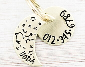 Crescent Moon Constellation Pet Tag, Astrology Dog Name Tag, Zodiac Pet ID Tags, Stars Dog Collar Charm, Cat Name Tag, Moon Dog Tag, Puppy